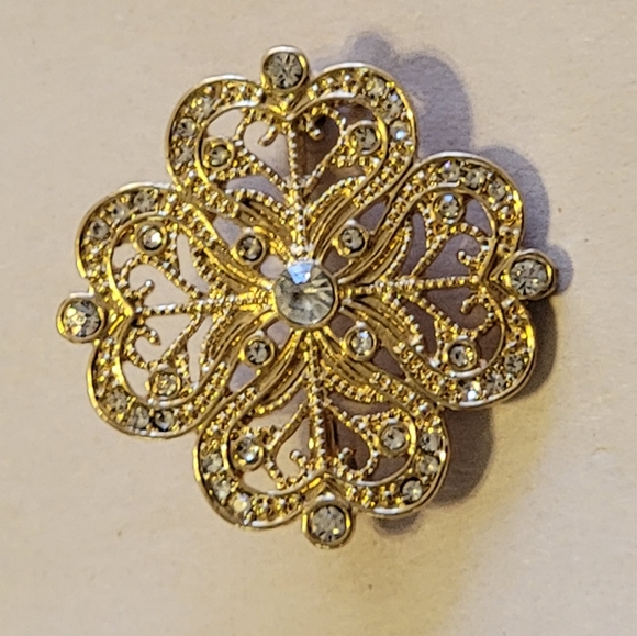 VTG Unsigned Four Leaf Clover Brooch Heart Pin With Crystal Accent - Picture 1 of 6